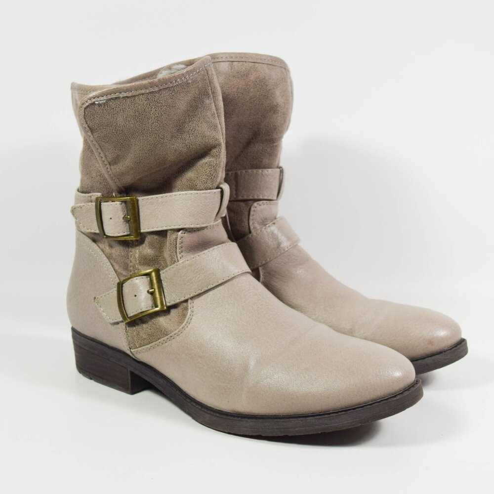 Naturalizer Yoshi Taupe Tan Leather Faux Fur Roll Down Motorcycle Boots Sz 10M